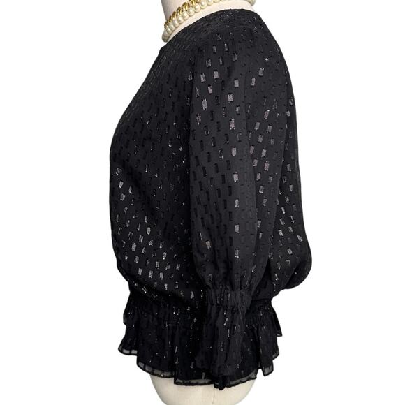 Halston Heritage metallic silk romantic ruffle poets blouse black size 2 - Picture 3 of 6